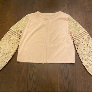 Tan Knit Cardigan with Crochet Mesh Puff Sleeves Size Small